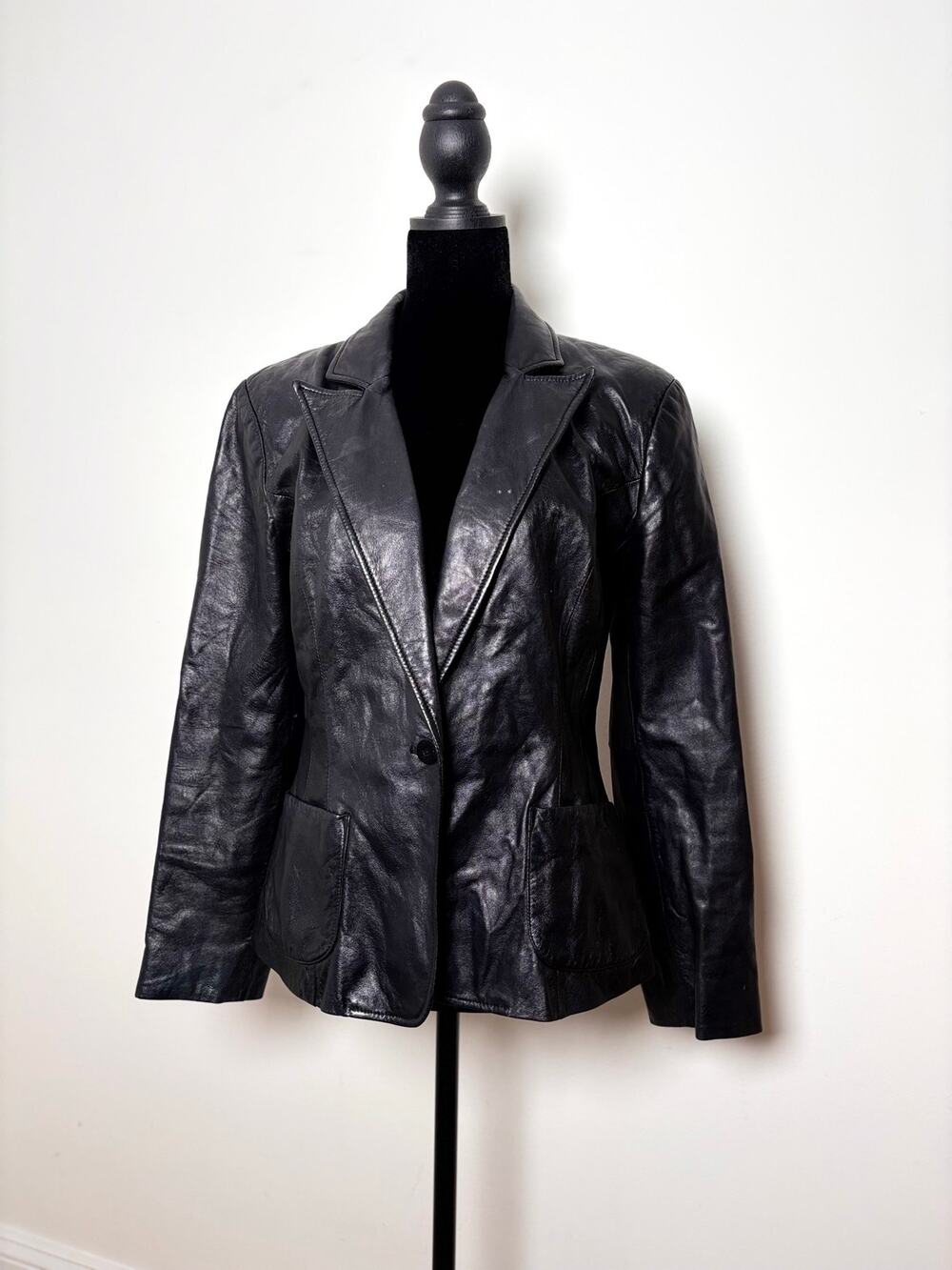 Vtg Y2K The Limited Black Leather Jacket Fitted Single Button Closure Size S